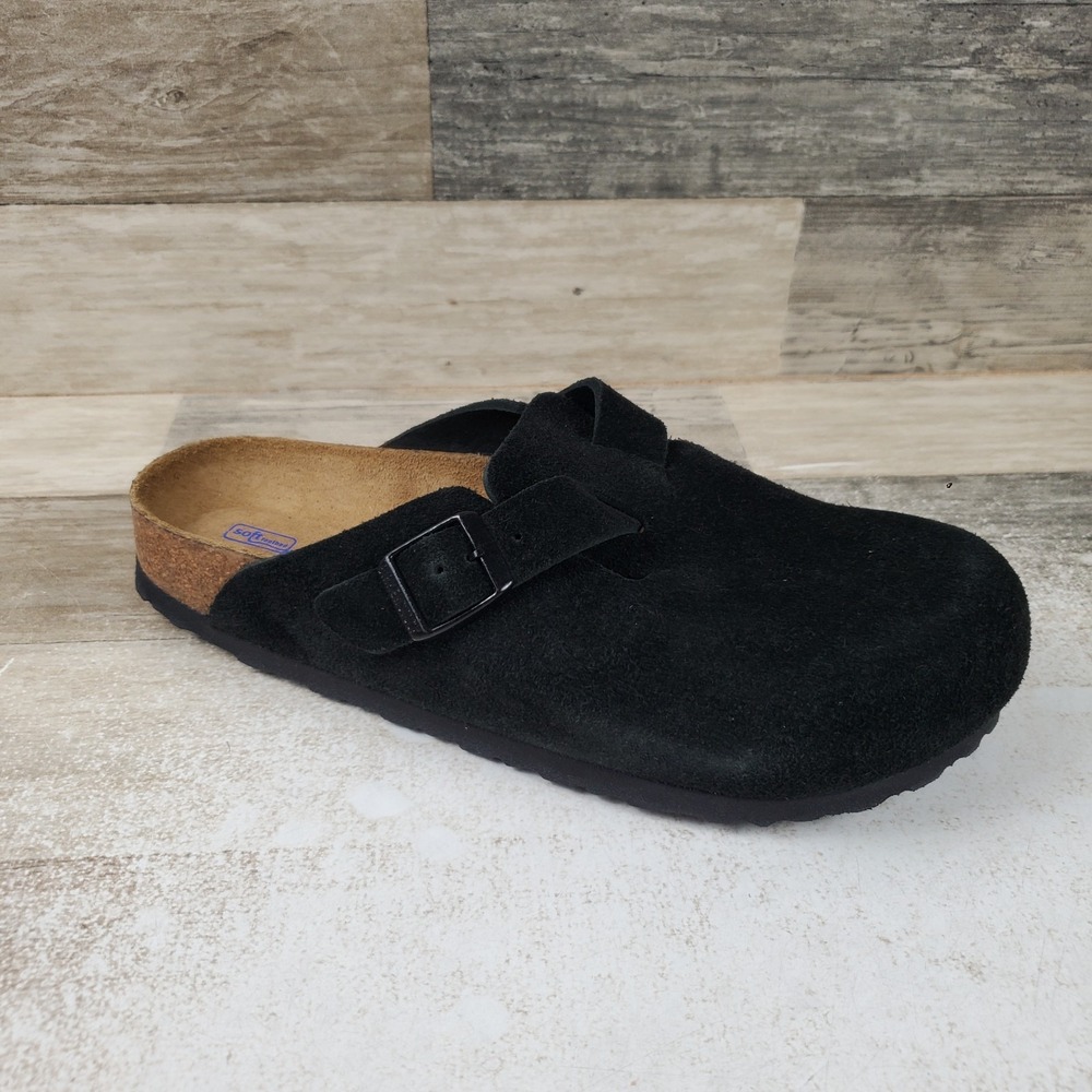 Birkenstock Boston Womens Clogs Sz 9 Narrow Black Suede Slip On Soft Footbed
